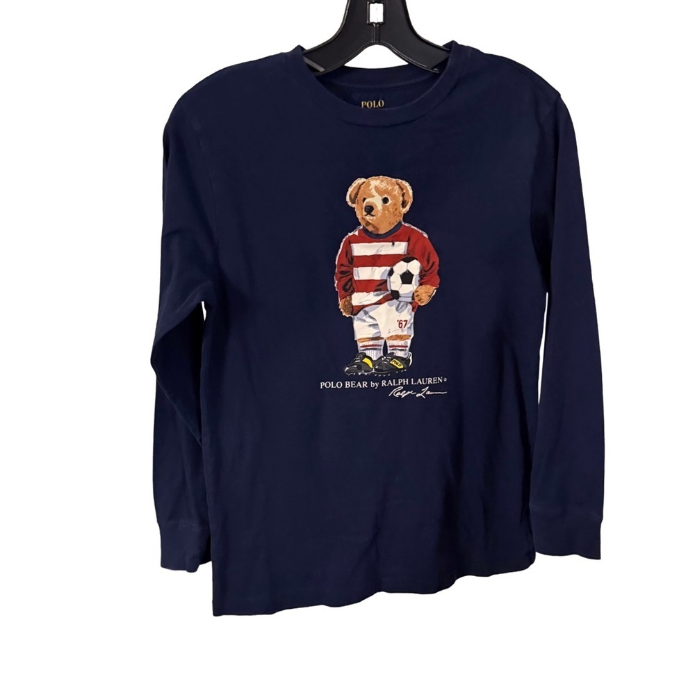 Ralph Lauren Unisex Kids Navy Blue Shirt Polo Bear W/ Soccer Ball Sz 10-12 EUC